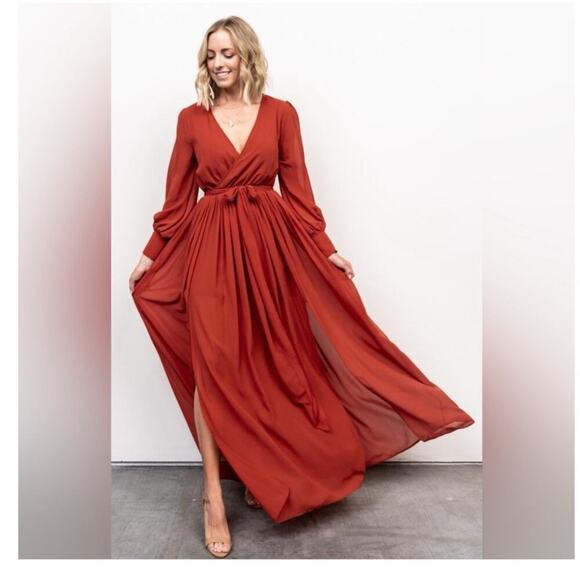 Baltic Born Dresses & Skirts - Baltic Born Maxi Dress Size Large Rust Tie Waist Long Sleeve Formal Gown